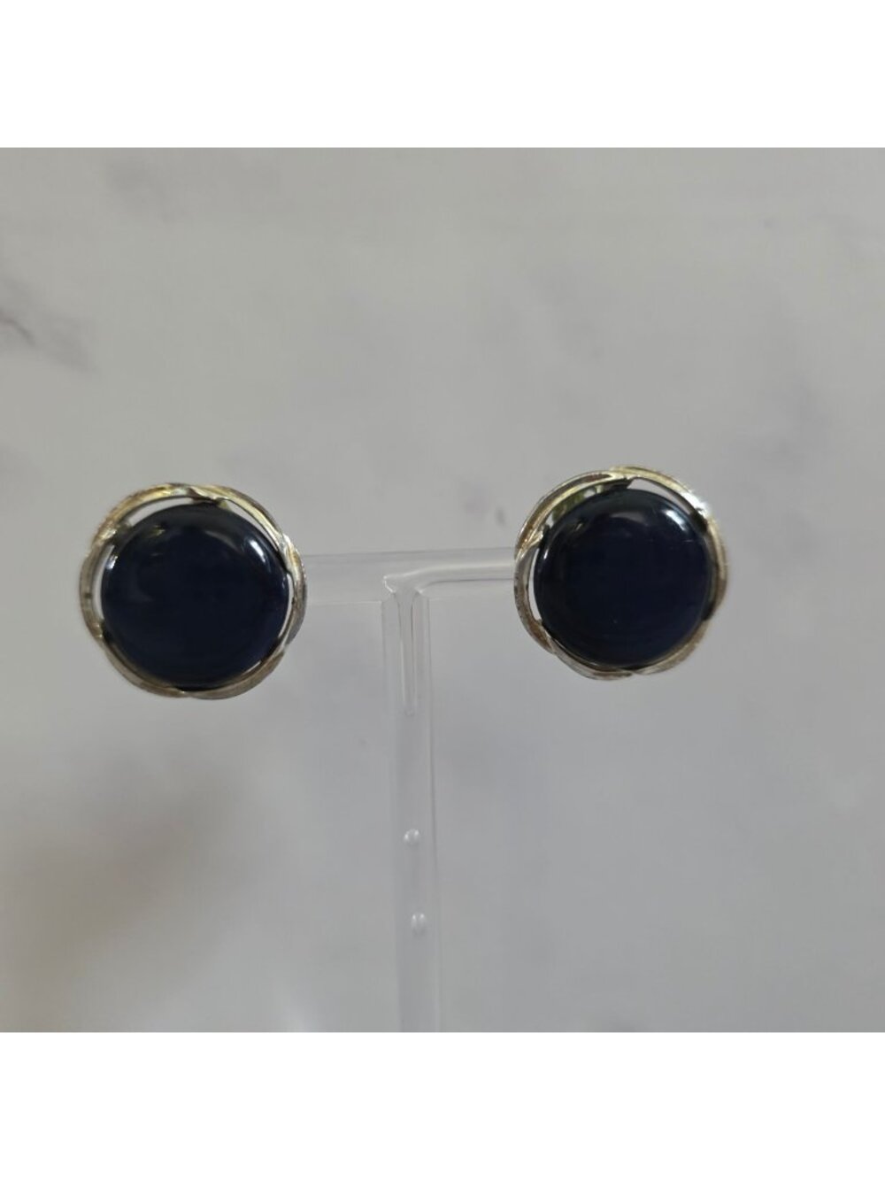 Vintage Lisner Blue Cabochon Clip On Earrings Silver-Tone Round Retro Statement